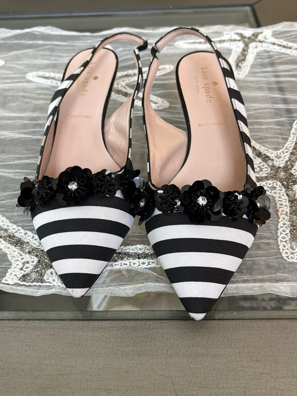 kate spade Black & White Striped Floral Embellished Slingback Flats